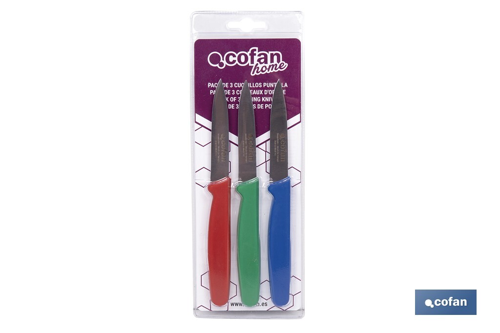 Pack de 3 cuchillos puntilla de acero inoxidable | Mango antideslizante | Apto para lavavajillas - Cofan