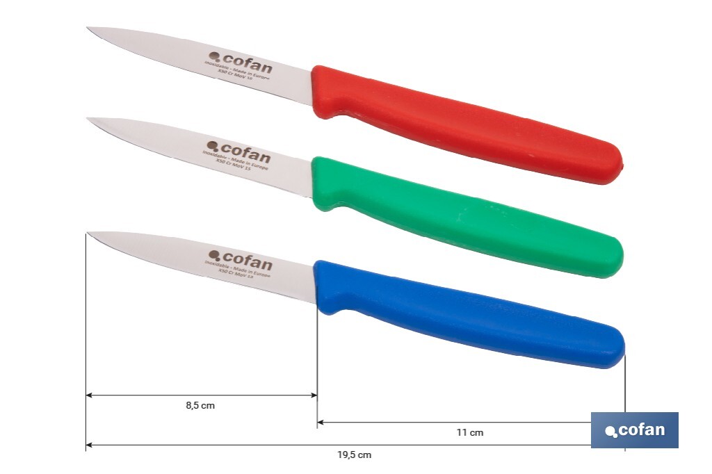 Pack de 3 cuchillos puntilla de acero inoxidable | Mango antideslizante | Apto para lavavajillas - Cofan