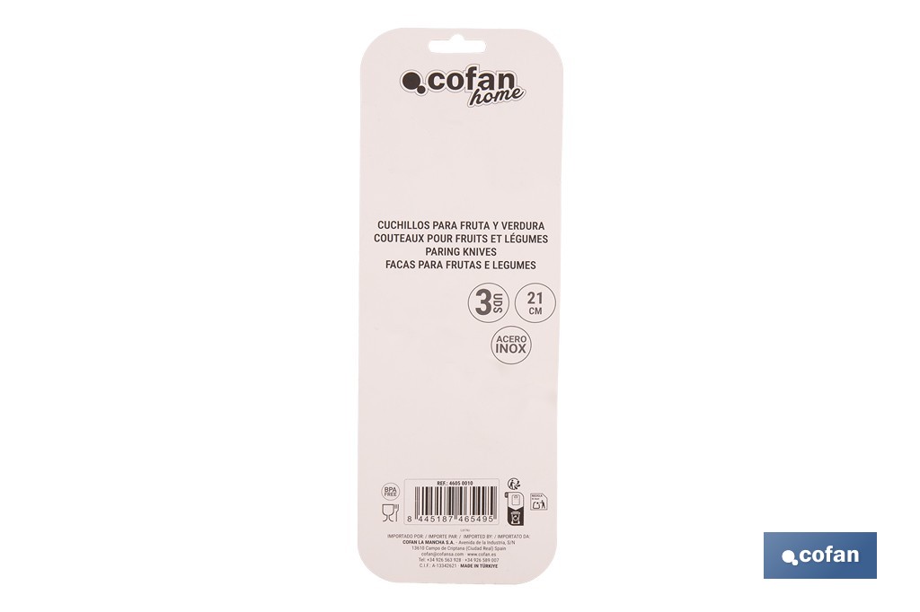 Pack de 3 cuchillos para fruta y verdura con mango ergonómico | Hoja de acero inoxidable | Longitud de la hoja: 10 cm - Cofan