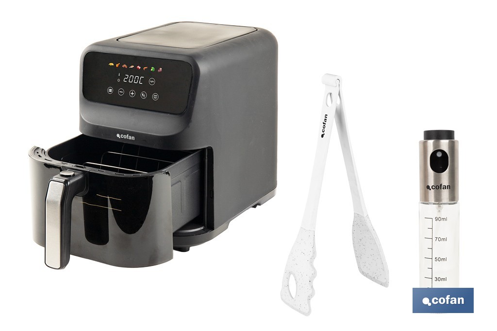 Pack de freidora de aire digital 15 litros 1500 W, pinzas de cocina 28 cm y pulverizador de aceite 90 ml - Cofan