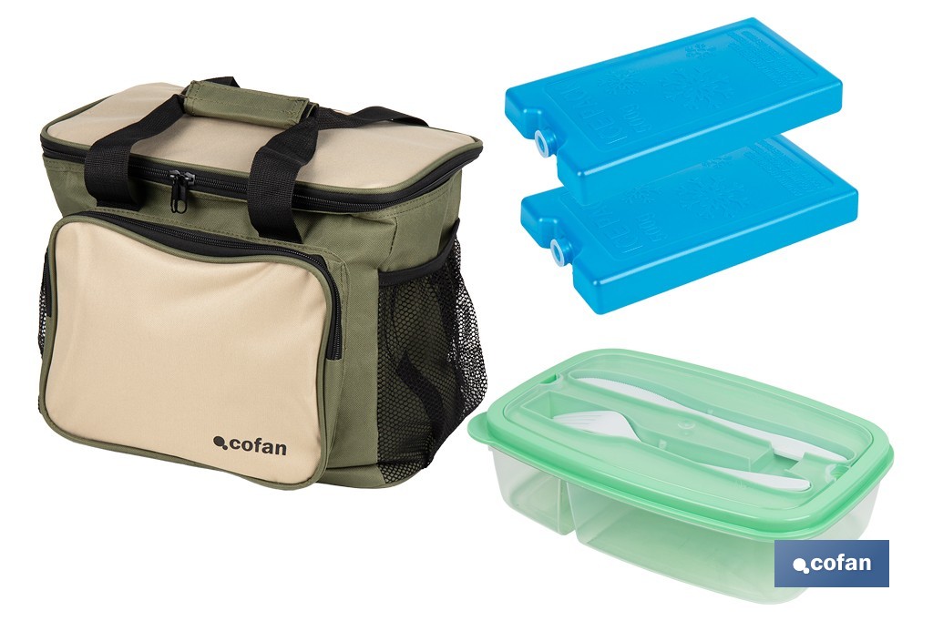 Pack de nevera portátil de 20 litros, 2 acumuladores de frío de 500 ml y fiambrera verde de 1,5 litros con cubiertos - Cofan