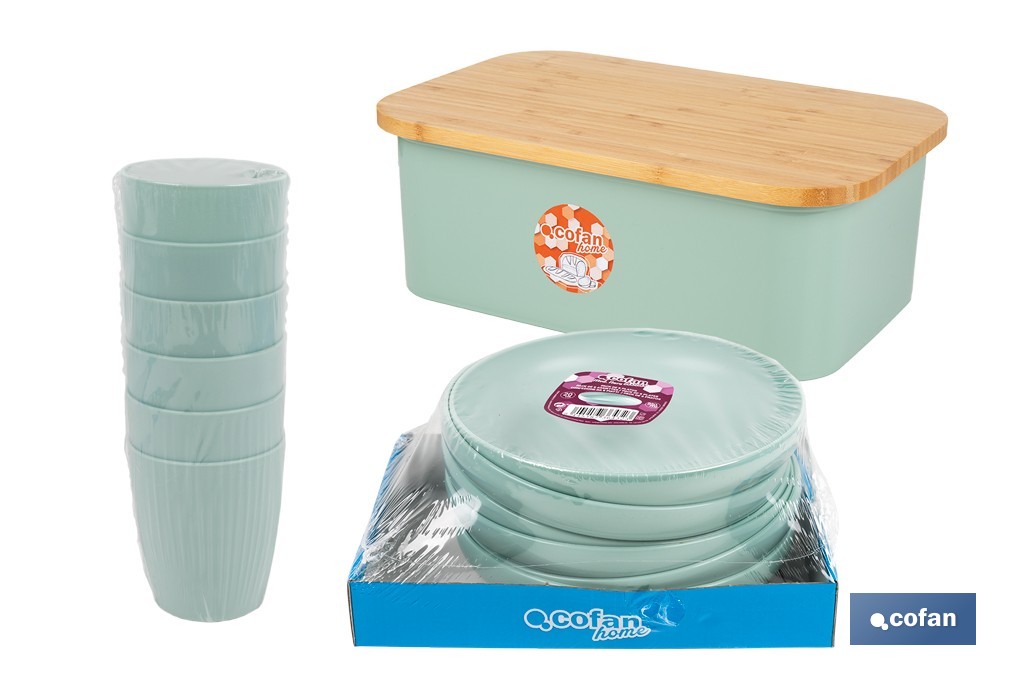 Pack de panera con tapa de bambú, 6 vasos de agua de 400 ml, 6 platos redondos | Disponible en color verde agua y beige - Cofan