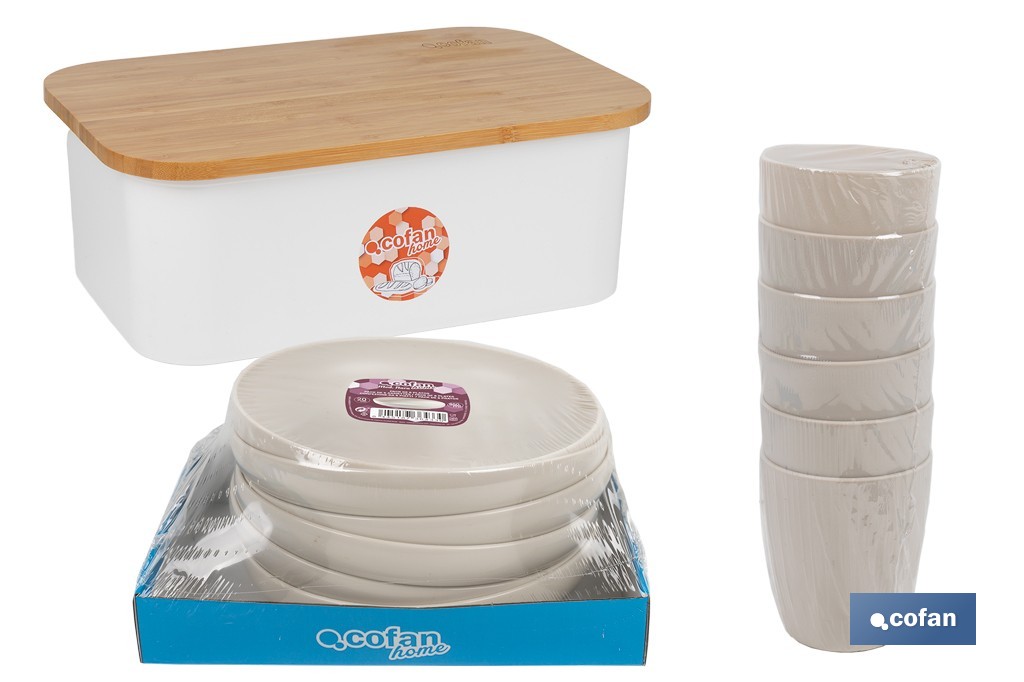 Pack de panera con tapa de bambú, 6 vasos de agua de 400 ml, 6 platos redondos | Disponible en color verde agua y beige - Cofan