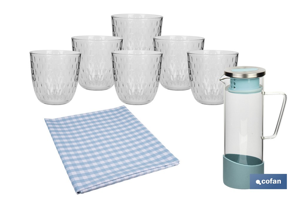 Pack de jarra de vidrio borosilicato, 6 vasos de vidrio y hule antimanchas | Disponible en diferentes colores y diseños - Cofan