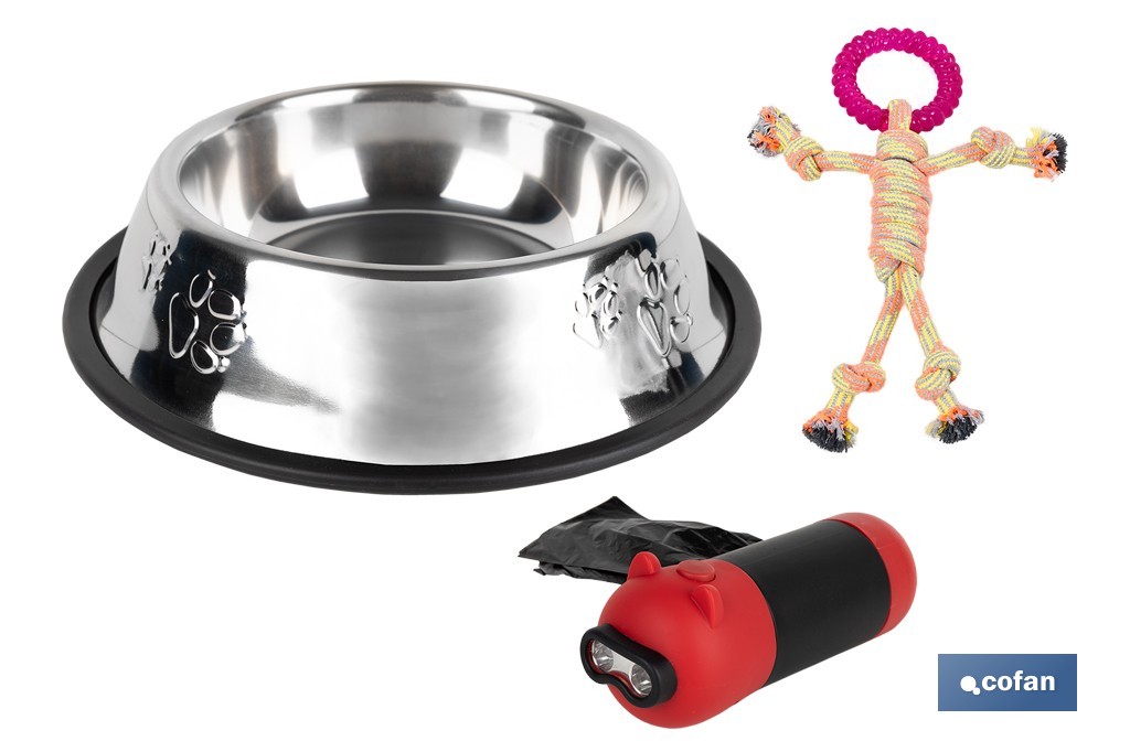 Pack de dispensador de bolsas con linterna, comedero de acero inoxidable y juguete mordedor | Incluye 20 bolsas para excrementos - Cofan