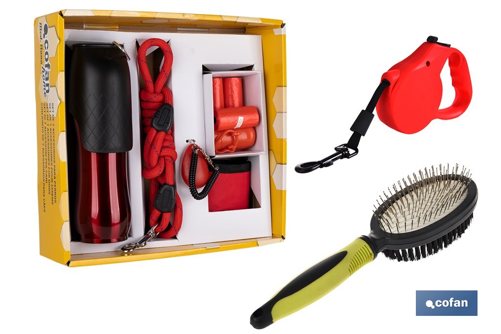 Pack de accesorios de paseo, correa extensible y peine de doble cara | Incluye clicker de entrenamiento, botella de 750, luz de seguridad - Cofan