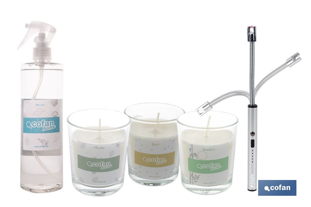 Pack de 3 velas aromáticas, encendedor eléctrico y bruma textil | Velas con aromas a cedro, bambú y lino - Cofan