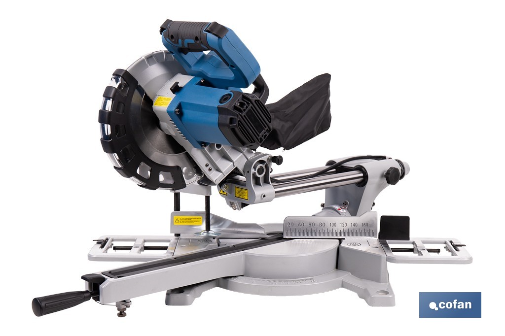 Ingletadora eléctrica 1450 W Ø210 mm 5000 rpm | Corte preciso con guía láser, doble bisel, barra deslizante y bolsa de serrín - Cofan