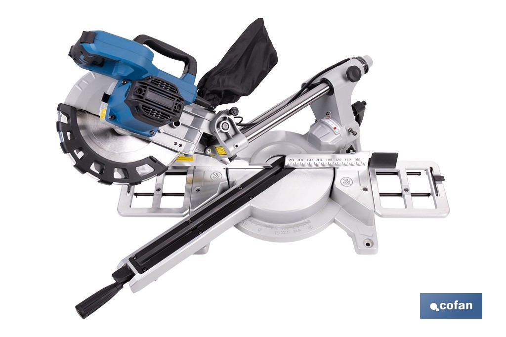 Ingletadora eléctrica 1450 W Ø210 mm 5000 rpm | Corte preciso con guía láser, doble bisel, barra deslizante y bolsa de serrín - Cofan