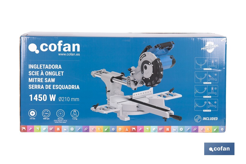 Ingletadora eléctrica 1450 W Ø210 mm 5000 rpm | Corte preciso con guía láser, doble bisel, barra deslizante y bolsa de serrín - Cofan