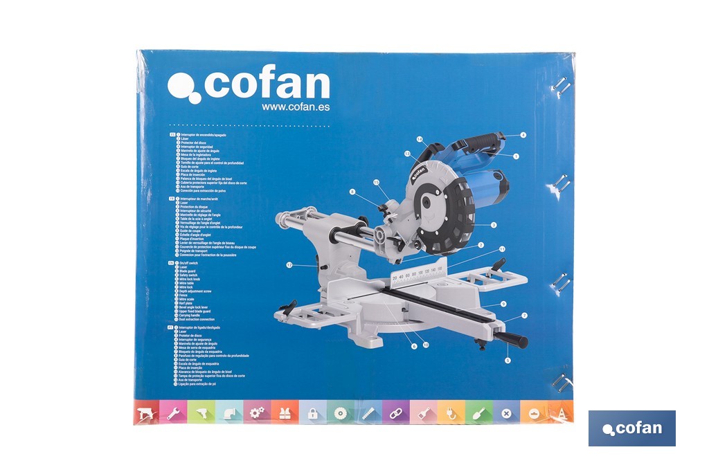 Ingletadora eléctrica 1450 W Ø210 mm 5000 rpm | Corte preciso con guía láser, doble bisel, barra deslizante y bolsa de serrín - Cofan
