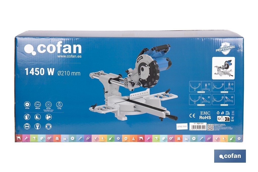 Ingletadora eléctrica 1450 W Ø210 mm 5000 rpm | Corte preciso con guía láser, doble bisel, barra deslizante y bolsa de serrín - Cofan