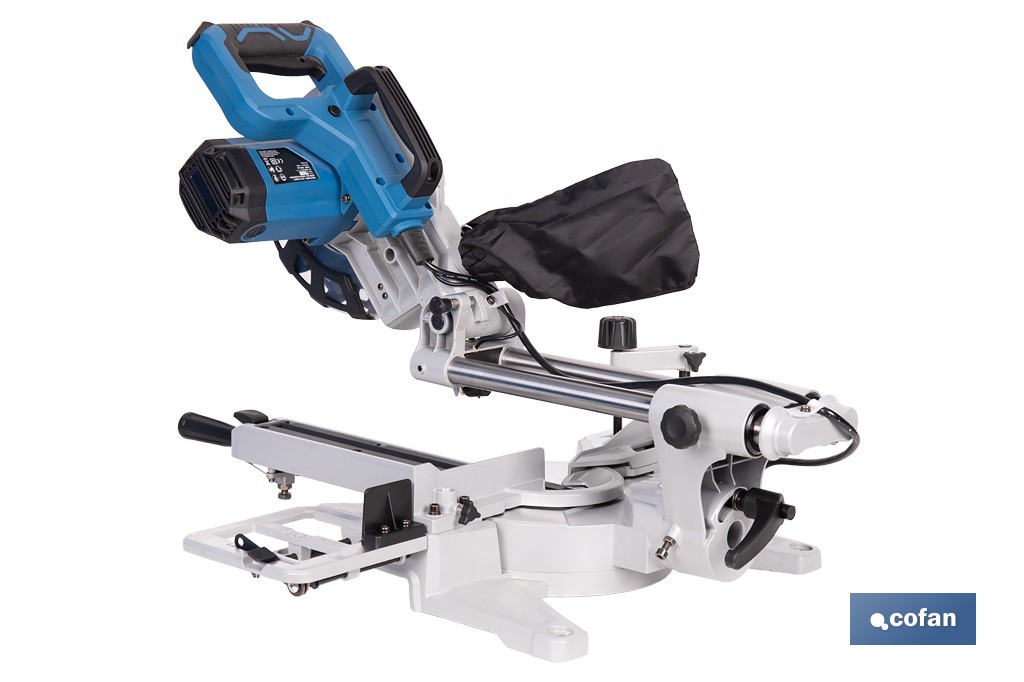 Ingletadora eléctrica 1450 W Ø210 mm 5000 rpm | Corte preciso con guía láser, doble bisel, barra deslizante y bolsa de serrín - Cofan
