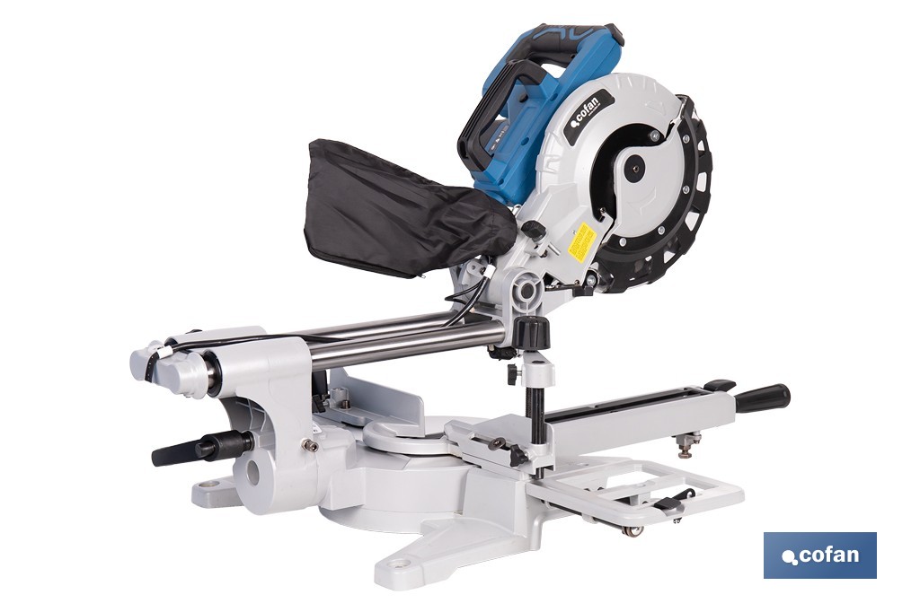 Ingletadora eléctrica 1450 W Ø210 mm 5000 rpm | Corte preciso con guía láser, doble bisel, barra deslizante y bolsa de serrín - Cofan