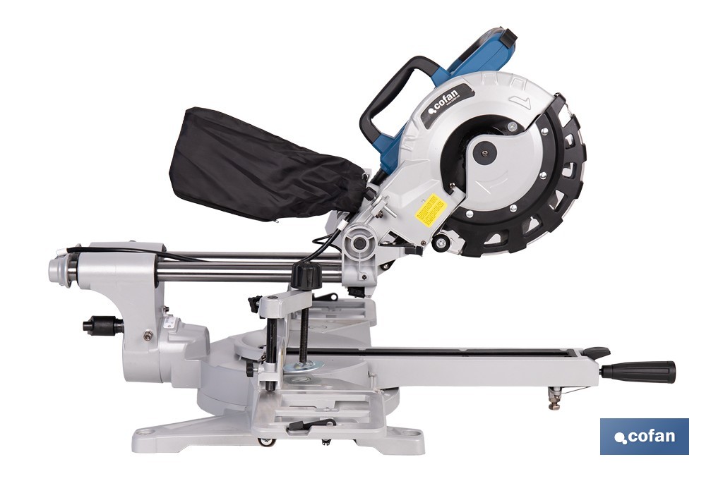 Ingletadora eléctrica 1450 W Ø210 mm 5000 rpm | Corte preciso con guía láser, doble bisel, barra deslizante y bolsa de serrín - Cofan