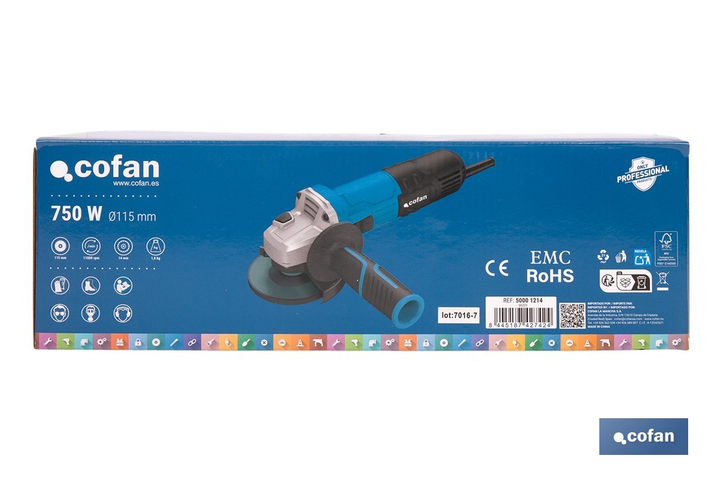 Amoladora angular eléctrica 750 W Ø115 mm 11000 rpm | Mango auxiliar con 2 posiciones y sistema antivibración | Ligera, potente y segura - Cofan