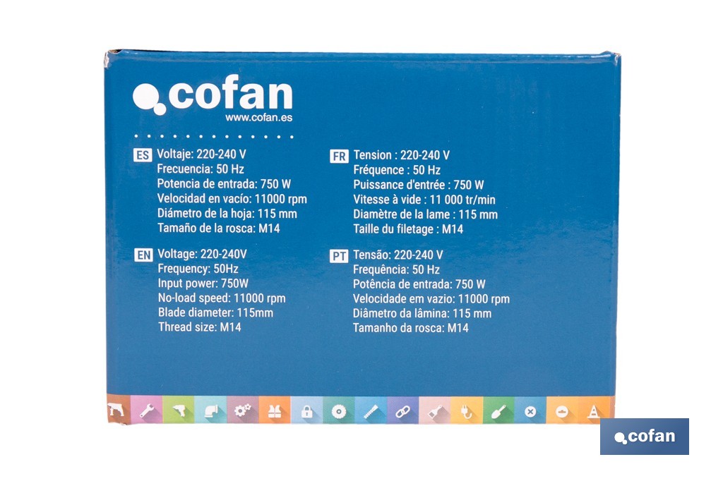 Amoladora angular eléctrica 750 W Ø115 mm 11000 rpm | Mango auxiliar con 2 posiciones y sistema antivibración | Ligera, potente y segura - Cofan