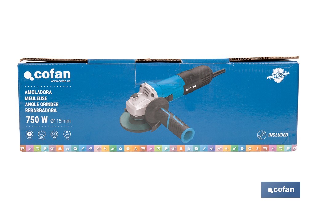 Amoladora angular eléctrica 750 W Ø115 mm 11000 rpm | Mango auxiliar con 2 posiciones y sistema antivibración | Ligera, potente y segura - Cofan
