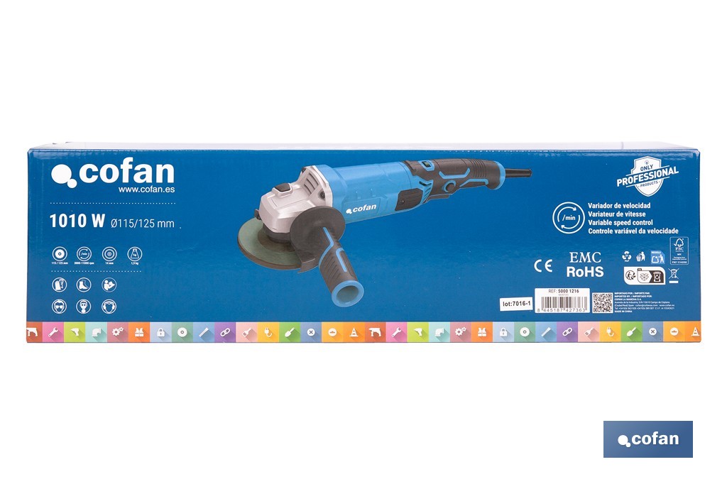 Amoladora angular eléctrica 1010 W Ø115/125 mm con velocidad variable 3000-11000 rpm | Arranque progresivo, mango antivibración, engranajes de aluminio reforzado - Cofan