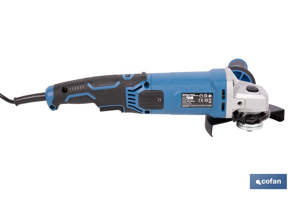 Amoladora angular eléctrica 1010 W Ø115/125 mm con velocidad variable 3000-11000 rpm | Arranque progresivo, mango antivibración, engranajes de aluminio reforzado - Cofan