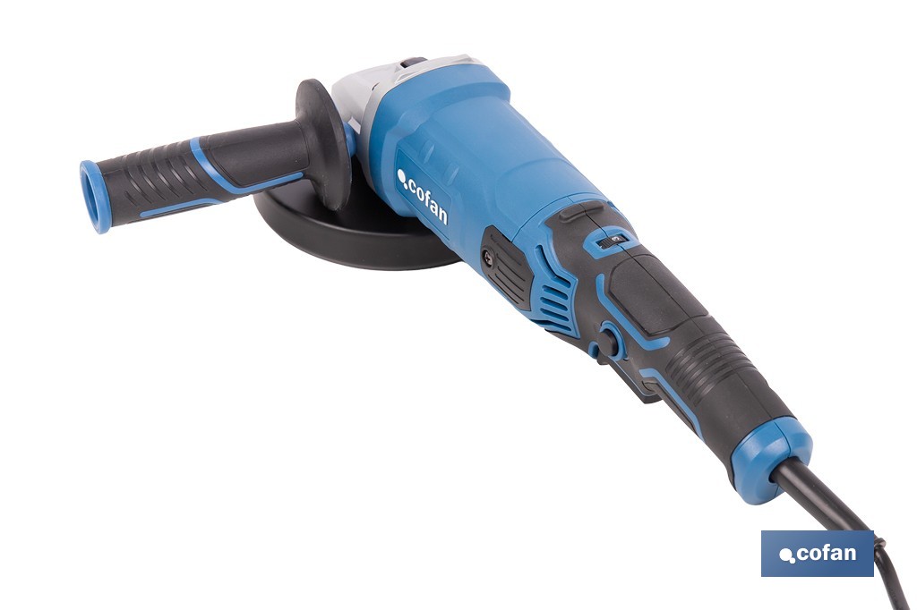 Amoladora angular eléctrica 1010 W Ø115/125 mm con velocidad variable 3000-11000 rpm | Arranque progresivo, mango antivibración, engranajes de aluminio reforzado - Cofan