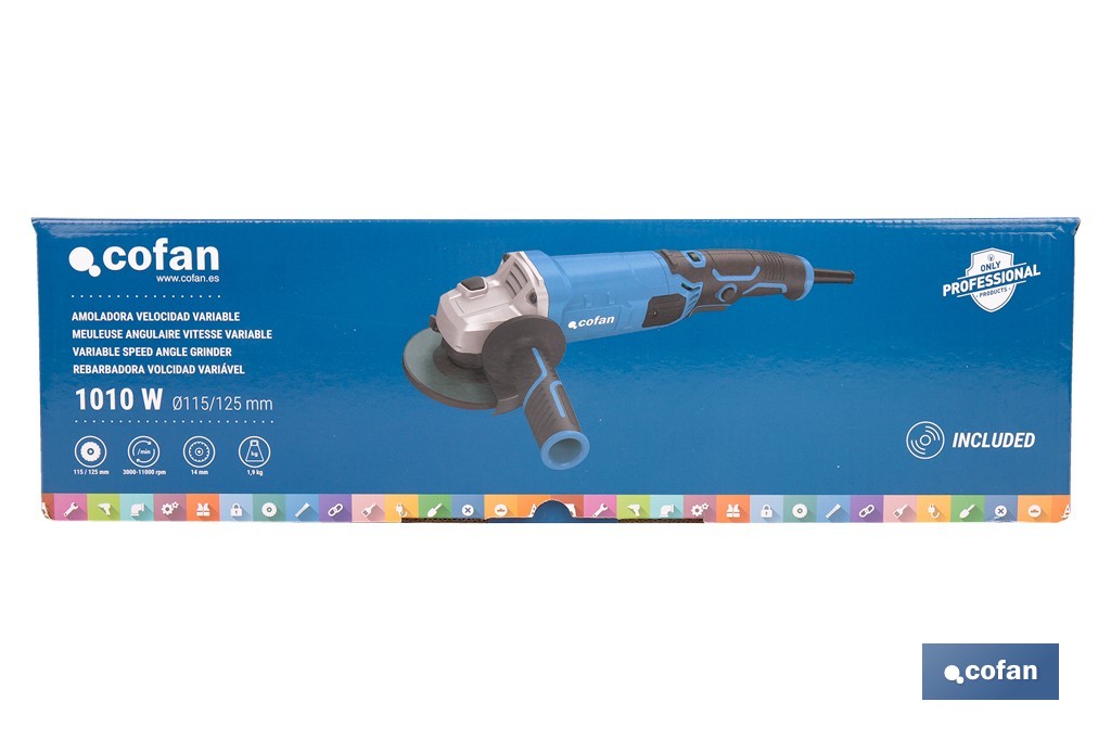 Amoladora angular eléctrica 1010 W Ø115/125 mm con velocidad variable 3000-11000 rpm | Arranque progresivo, mango antivibración, engranajes de aluminio reforzado - Cofan