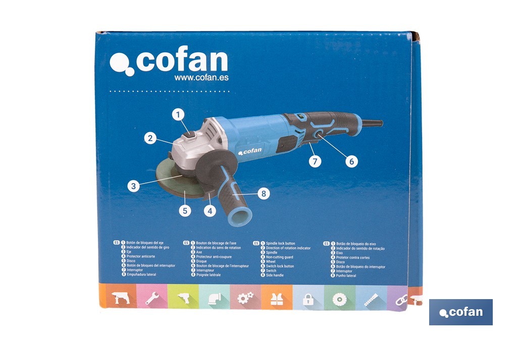 Amoladora angular eléctrica 1010 W Ø115/125 mm con velocidad variable 3000-11000 rpm | Arranque progresivo, mango antivibración, engranajes de aluminio reforzado - Cofan