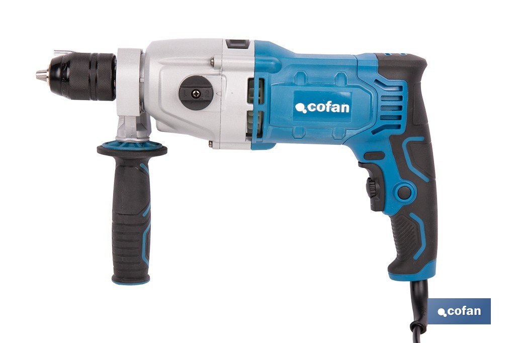 Taladro percutor eléctrica 1200 W con 2 velocidades, portabrocas automático 13 mm | Empuñadura multiposición y control de velocidad variable - Cofan