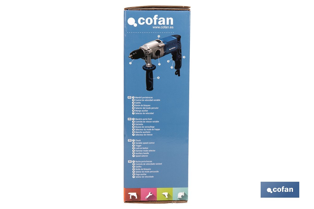 Taladro percutor eléctrica 1200 W con 2 velocidades, portabrocas automático 13 mm | Empuñadura multiposición y control de velocidad variable - Cofan