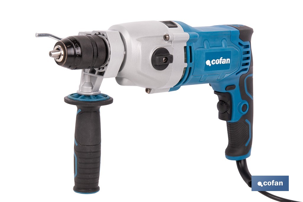 Taladro percutor eléctrica 1200 W con 2 velocidades, portabrocas automático 13 mm | Empuñadura multiposición y control de velocidad variable - Cofan