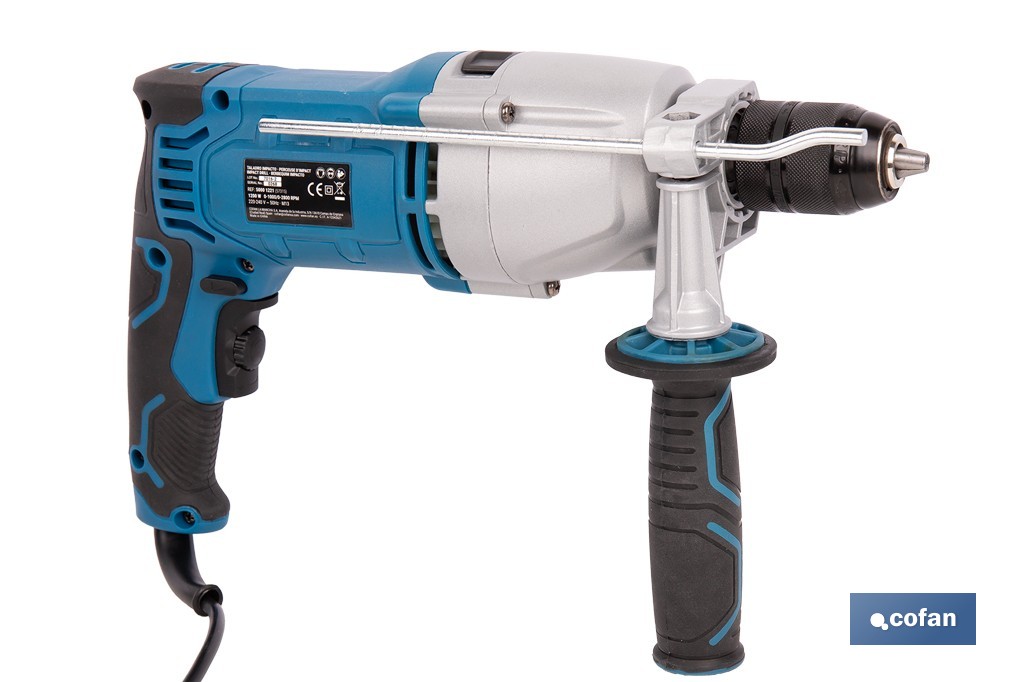 Taladro percutor eléctrica 1200 W con 2 velocidades, portabrocas automático 13 mm | Empuñadura multiposición y control de velocidad variable - Cofan