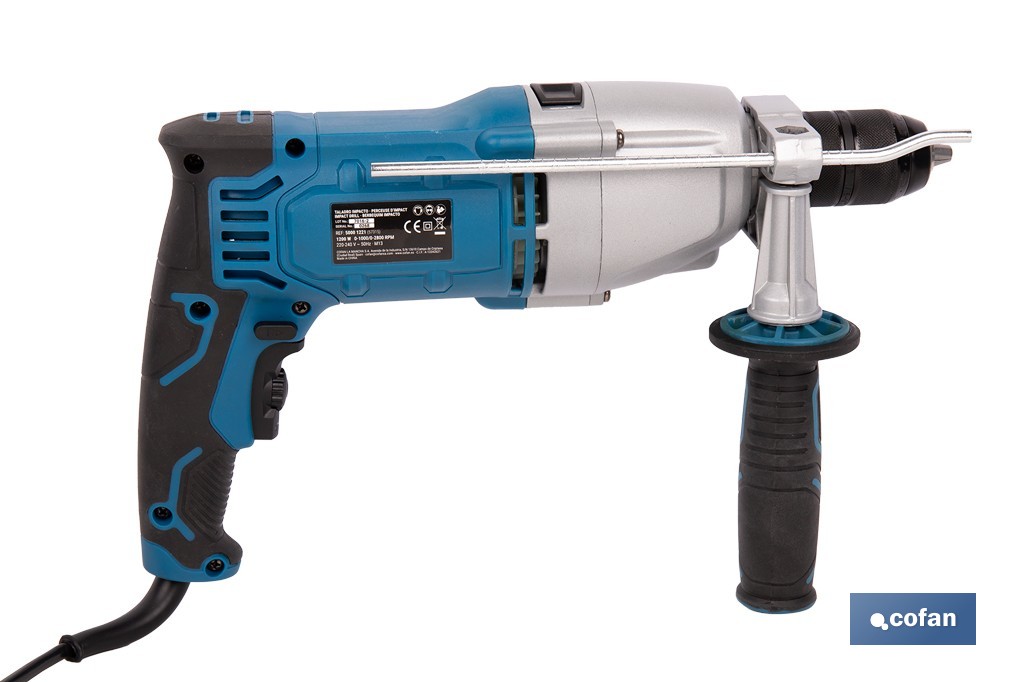 Taladro percutor eléctrica 1200 W con 2 velocidades, portabrocas automático 13 mm | Empuñadura multiposición y control de velocidad variable - Cofan