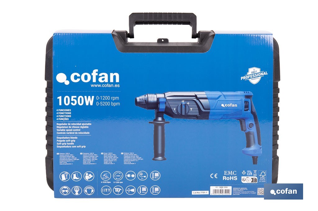 Taladro martillo perforador SDS-Plus | 1050 W, 5200 bpm con energía de impacto de 3,2 J | Accesorios incluidos - Cofan