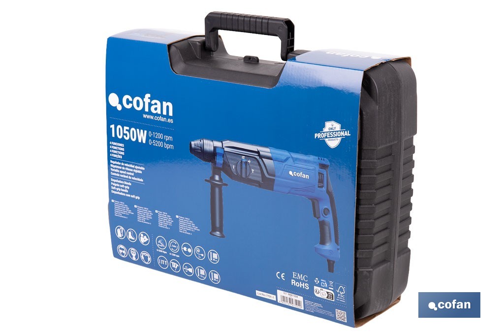 Taladro martillo perforador SDS-Plus | 1050 W, 5200 bpm con energía de impacto de 3,2 J | Accesorios incluidos - Cofan
