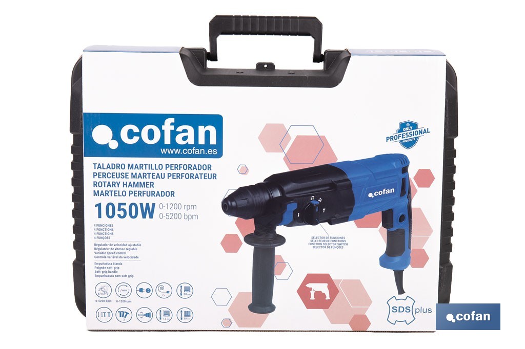 Taladro martillo perforador SDS-Plus | 1050 W, 5200 bpm con energía de impacto de 3,2 J | Accesorios incluidos - Cofan