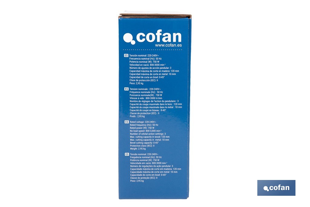 Sierra de calar eléctrica con corte pendular de 4 posiciones | 750 W; corte a bisel ±45°; Velocidad variable 800-3000 rpm - Cofan
