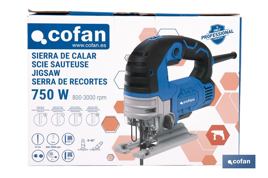 Sierra de calar eléctrica con corte pendular de 4 posiciones | 750 W; corte a bisel ±45°; Velocidad variable 800-3000 rpm - Cofan