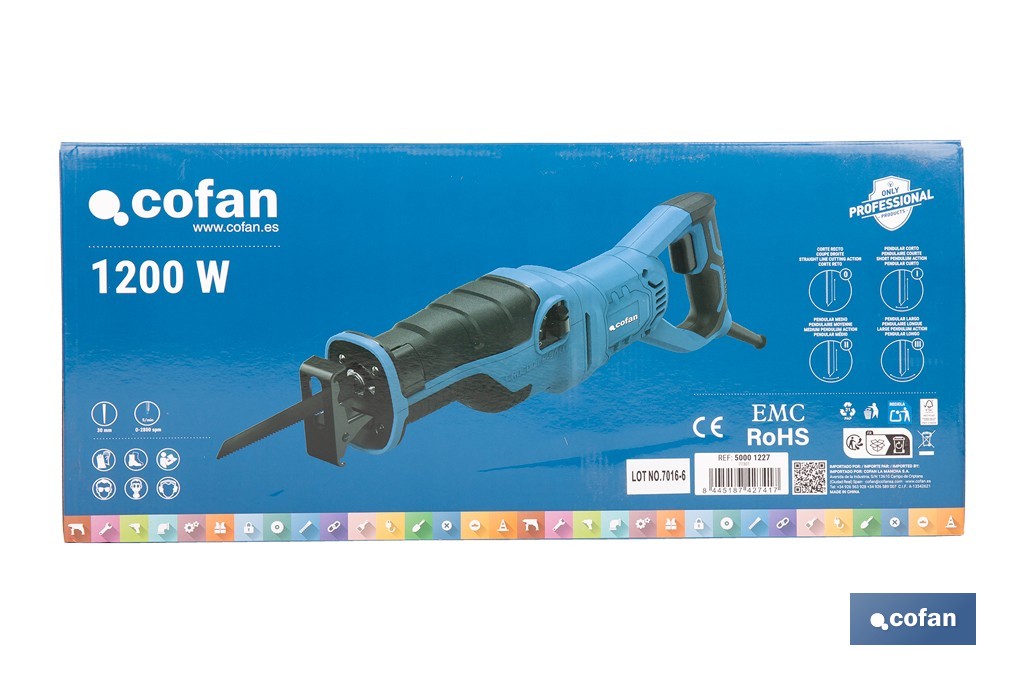 Sierra de sable eléctrica 1200 W 2800 rpm, acción pendular 4 posiciones | Control de velocidad variable, cambio de hoja sin herramientas - Cofan