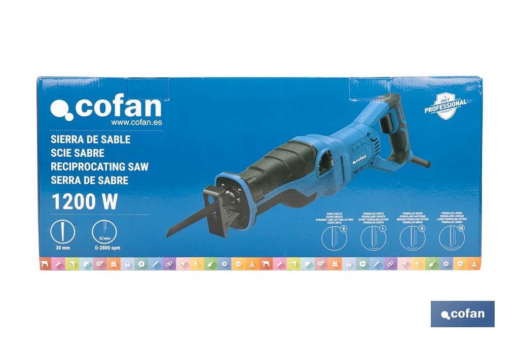 Sierra de sable eléctrica 1200 W 2800 rpm, acción pendular 4 posiciones | Control de velocidad variable, cambio de hoja sin herramientas - Cofan