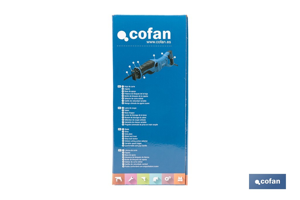 Sierra de sable eléctrica 1200 W 2800 rpm, acción pendular 4 posiciones | Control de velocidad variable, cambio de hoja sin herramientas - Cofan