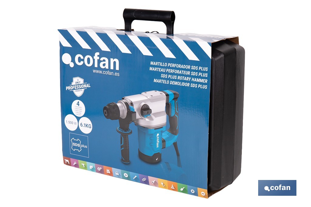 Taladro martillo perforador | 1.500 W SDS Plus | Martillo perforador anclaje con 4 funciones - Cofan