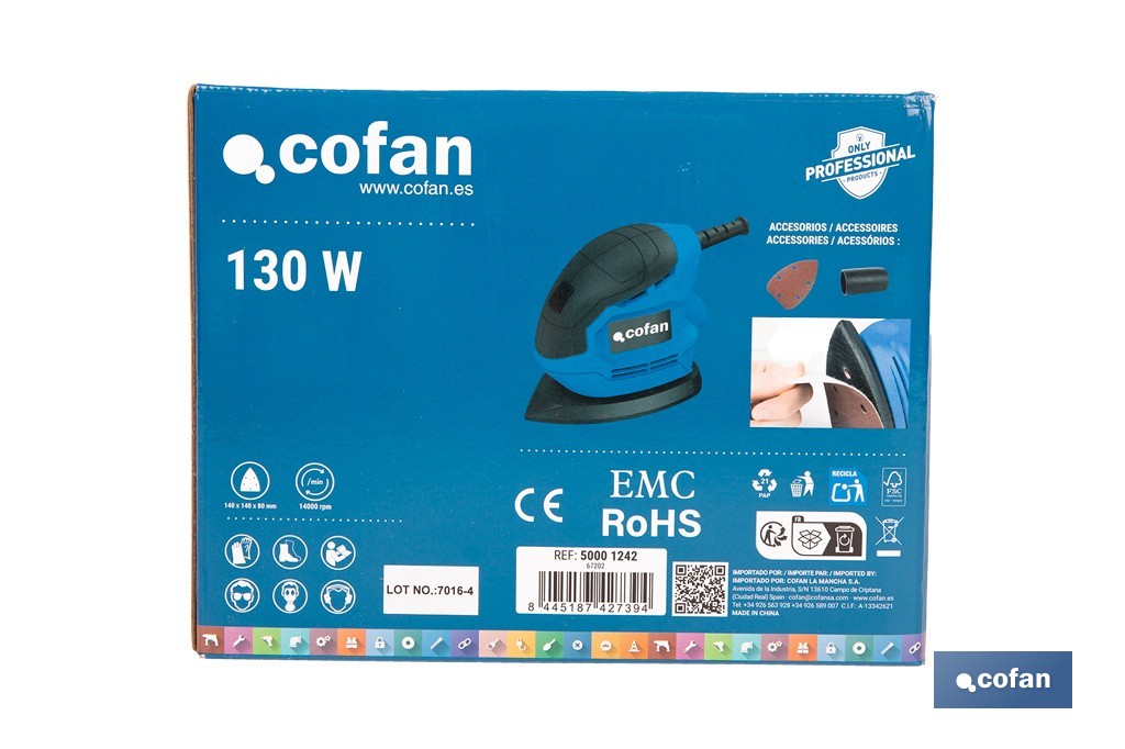 Lijadora mouse eléctrica 130 W 14 000 rpm, aspiración de polvo | Base de velcro con 5 agujeros | Ideal para madera, chapa, laca o relleno - Cofan