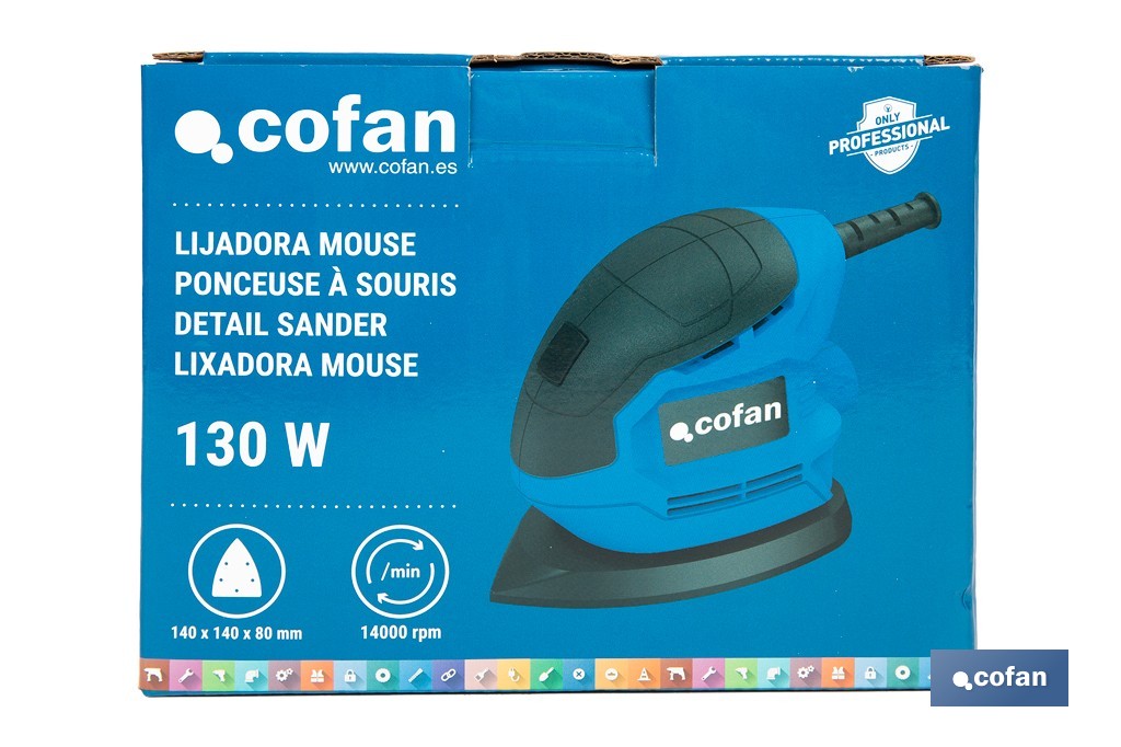 Lijadora mouse eléctrica 130 W 14 000 rpm, aspiración de polvo | Base de velcro con 5 agujeros | Ideal para madera, chapa, laca o relleno - Cofan