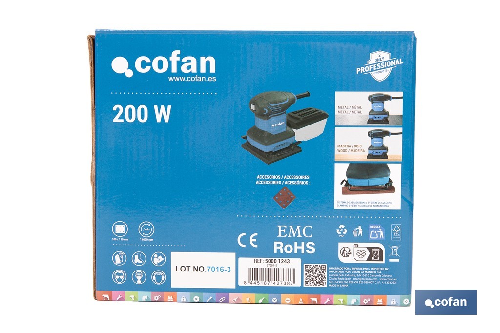 Lijadora orbital eléctrica 200 W 14 000 rpm, aspiración de polvo | Base de velcro con 8 agujeros | Ideal para madera, plástico y superficies lacadas - Cofan