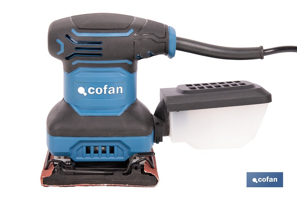 Lijadora orbital eléctrica 200 W 14 000 rpm, aspiración de polvo | Base de velcro con 8 agujeros | Ideal para madera, plástico y superficies lacadas - Cofan