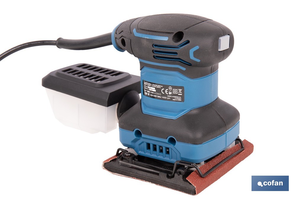 Lijadora orbital eléctrica 200 W 14 000 rpm, aspiración de polvo | Base de velcro con 8 agujeros | Ideal para madera, plástico y superficies lacadas - Cofan