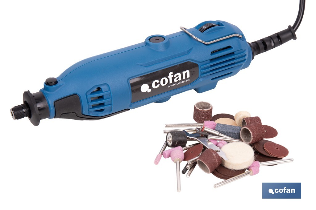 Multiherramienta rotativa 135 W 8000-33000 rpm, velocidad variable | Ideal para cortar, fresar, pulir y perforar | Incluye kit de accesorios intercambiables - Cofan