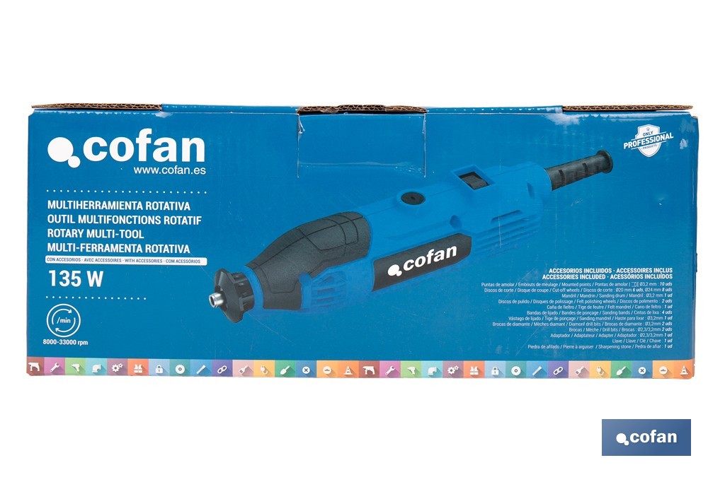 Multiherramienta rotativa 135 W 8000-33000 rpm, velocidad variable | Ideal para cortar, fresar, pulir y perforar | Incluye kit de accesorios intercambiables - Cofan