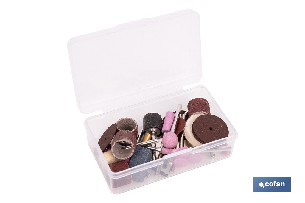 Kit de accesorios para multiherramienta rotativa | Incluye discos, fresas, brocas, lijas y accesorios de pulido | Compatible con herramienta ref. 50001245 - Cofan