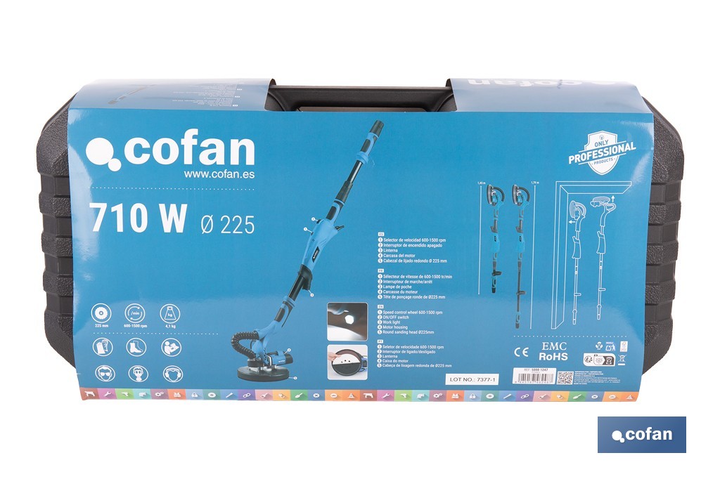 Lijadora de pared y techo eléctrica 710 W 1500 rpm | Tubo extensible, aspiración de polvo y luz LED integrada | Incluye maletín y 6 discos de lija - Cofan